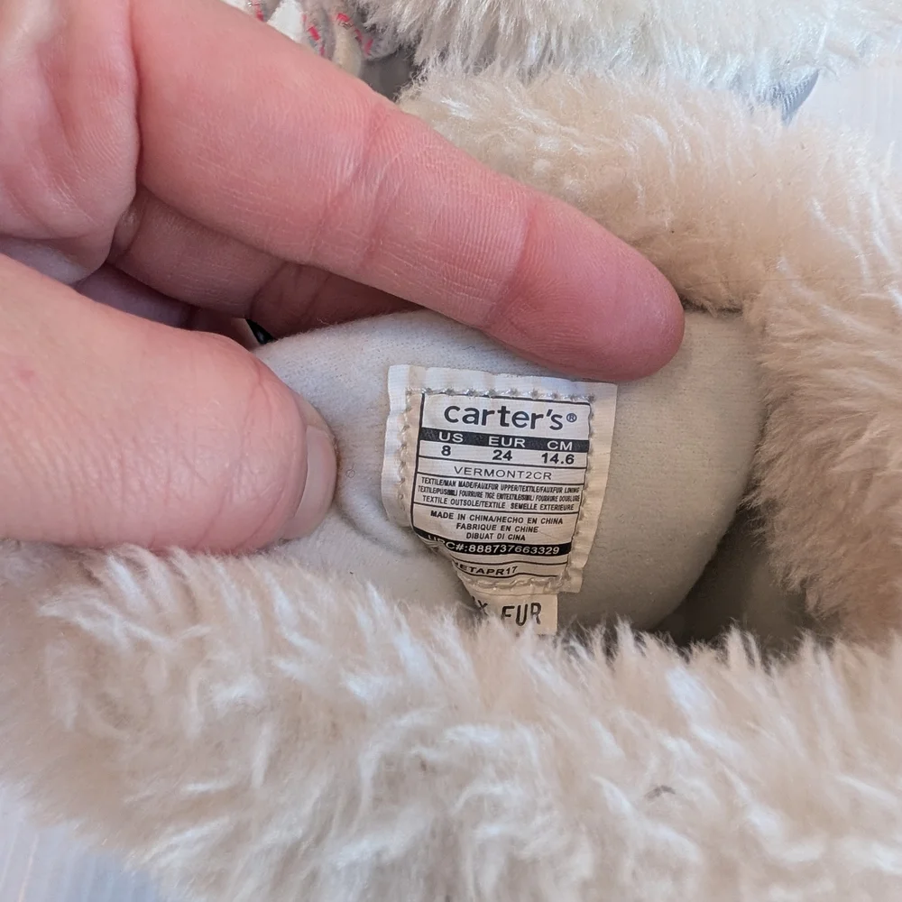 CARTER'S Girls Black and Gray Kids Winter Snow Boots with Fur Trim Size 8